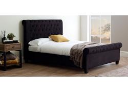 4ft6 Double Sleigh style Orb, button back headend, black velvet fabric finish bed frame 1